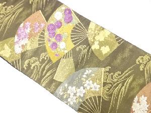 扇面に紅葉・万寿菊模様織出し袋帯